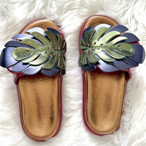 Farm Rio Bronze And Blue Monstera Anatomic Slide Sandal Size 10 - Picture 5 of 14